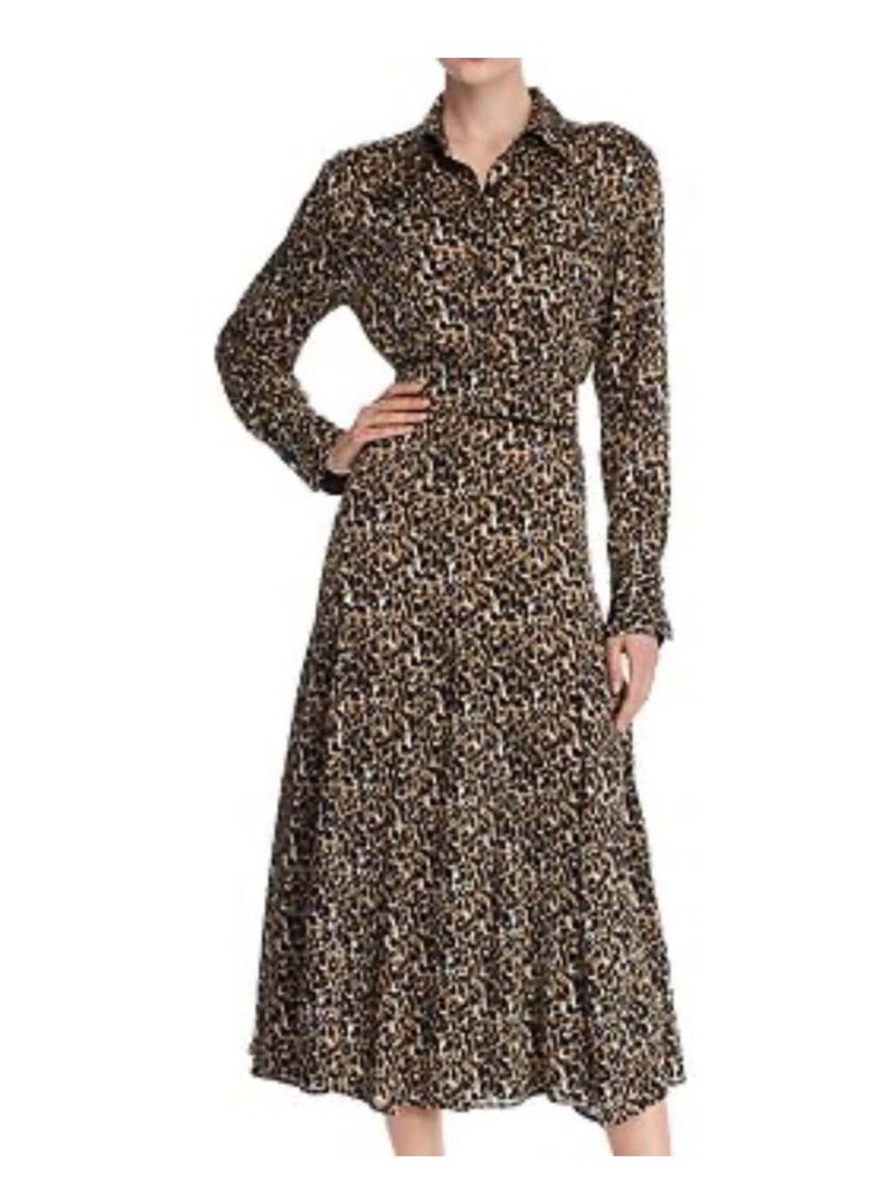 Equipment Leopard Print Long Sleeve Shirt Dress in Brown, green